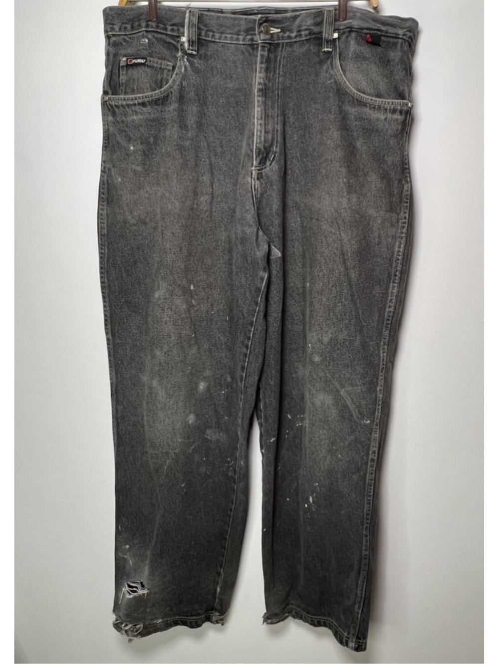 FUBU Baggy Jeans Mens Size: 42 X 34 Black Grunge Distressed Wide Leg Vintage Y2K